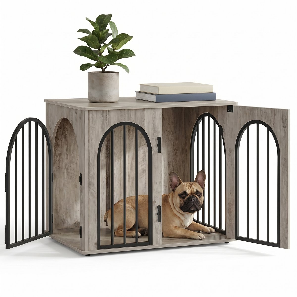 Aiverig® Hondenbench Hout Meubel – Boogdeuren – Hondenhok voor Binnen & Hondenkooi – Met Anti-knaag Hek & Sloten – Krasvrije Poten – Voor Kleine tot Middelgrote Honden – Grijs – 69×48×56 CM