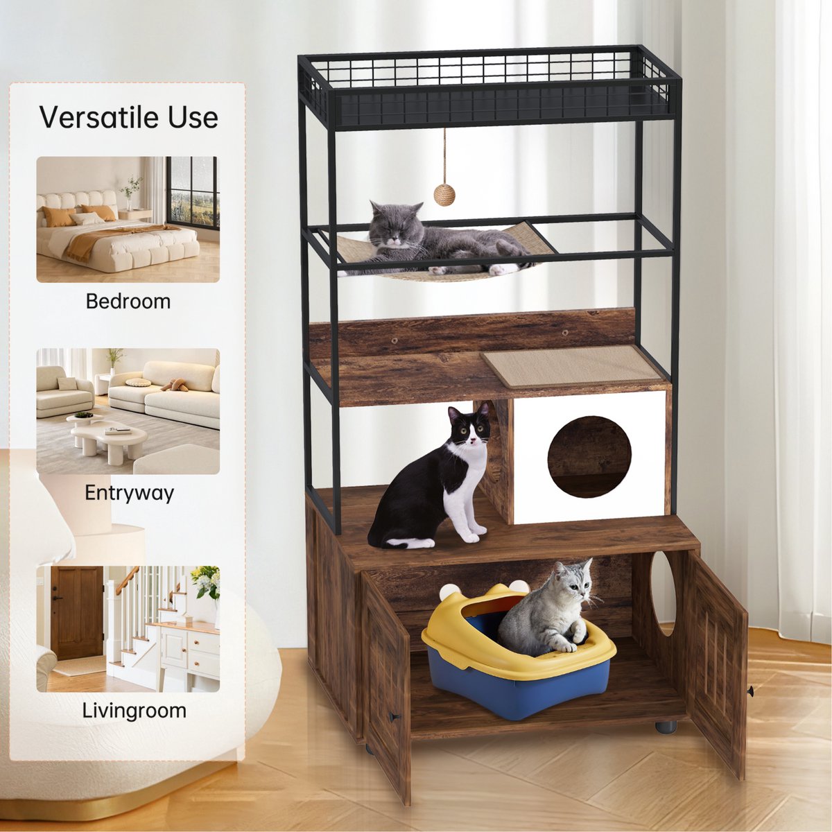 Veelzijdig houten kattenbakmeubel met opbergvakken – verborgen kattenkast met krasbestendige krabpaal en voerstation, groot binnengebruik katten-toilet voor woonkamer en hal, vintage bruin – foto 5
