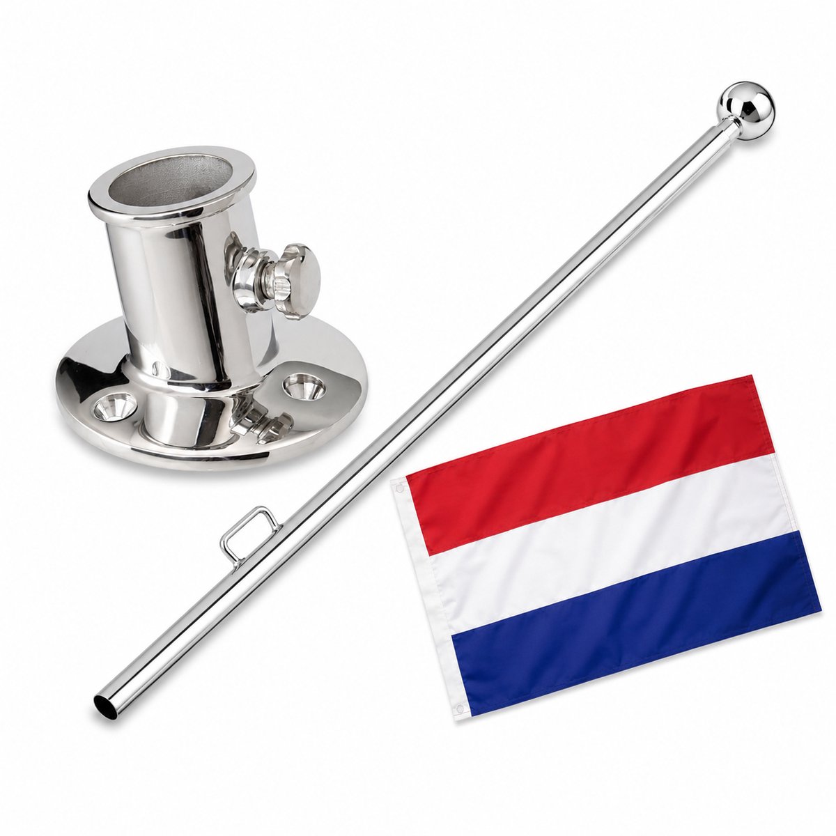 Vlaggenstokset voor Boot - RVS Vlaggenstok met RVS Houder en Nederlandse Vlag - Complete 3-delige Set