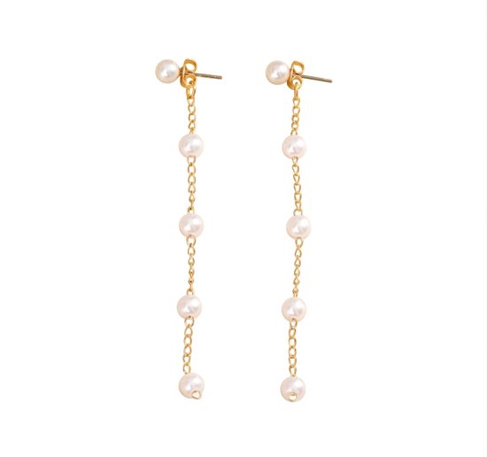 Goudkleurige oorhangers oorbellen voor dames – lang kettingdesign met parel look kralen