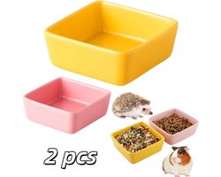 2 stuks - Keramische voerbak voor huisdieren - Glad en gemakkelijk schoon te maken - Water- en voerbak - Voerbak voor kleine dieren - 9*9*3,7 cm - Voor het voeren van kleine huisdieren zoals cavia's en eekhoorns - Geel - Roze