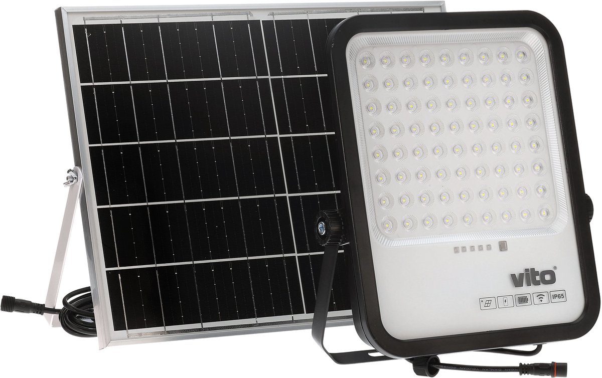 VITO Sahara - Solar LED Schijnwerper 250W - Schemersensor - 2750lm 6000K IP65 - 3.2V 20000mAh Accu - Zwart - 5m