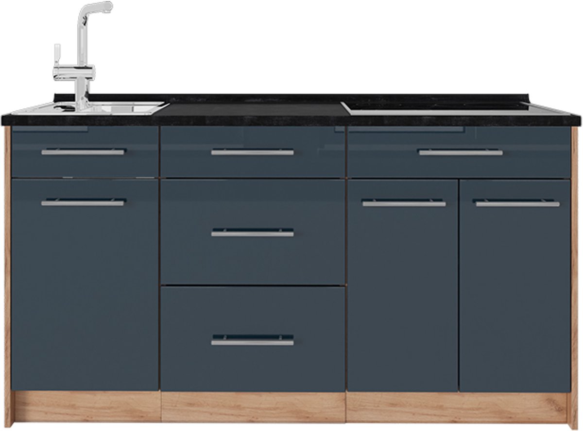 Vicco Keukenblok Fame-Line, Donkerblauw hoogglans, 150 cm, WB Antraciet