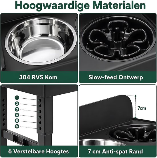 Details van de verhoogde hondenvoerbak: RVS kom, slowfeeder ontwerp, 6 verstelbare hoogtes en 7 cm anti-spatrand.