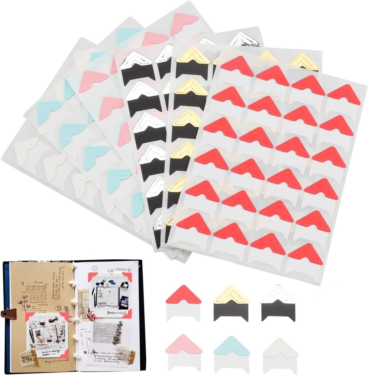 432 stuks zelfklevende fotohoeken in 6 kleuren voor fotoalbums en decoratie, perfect voor doe-het-zelf projecten en verzamelalbums