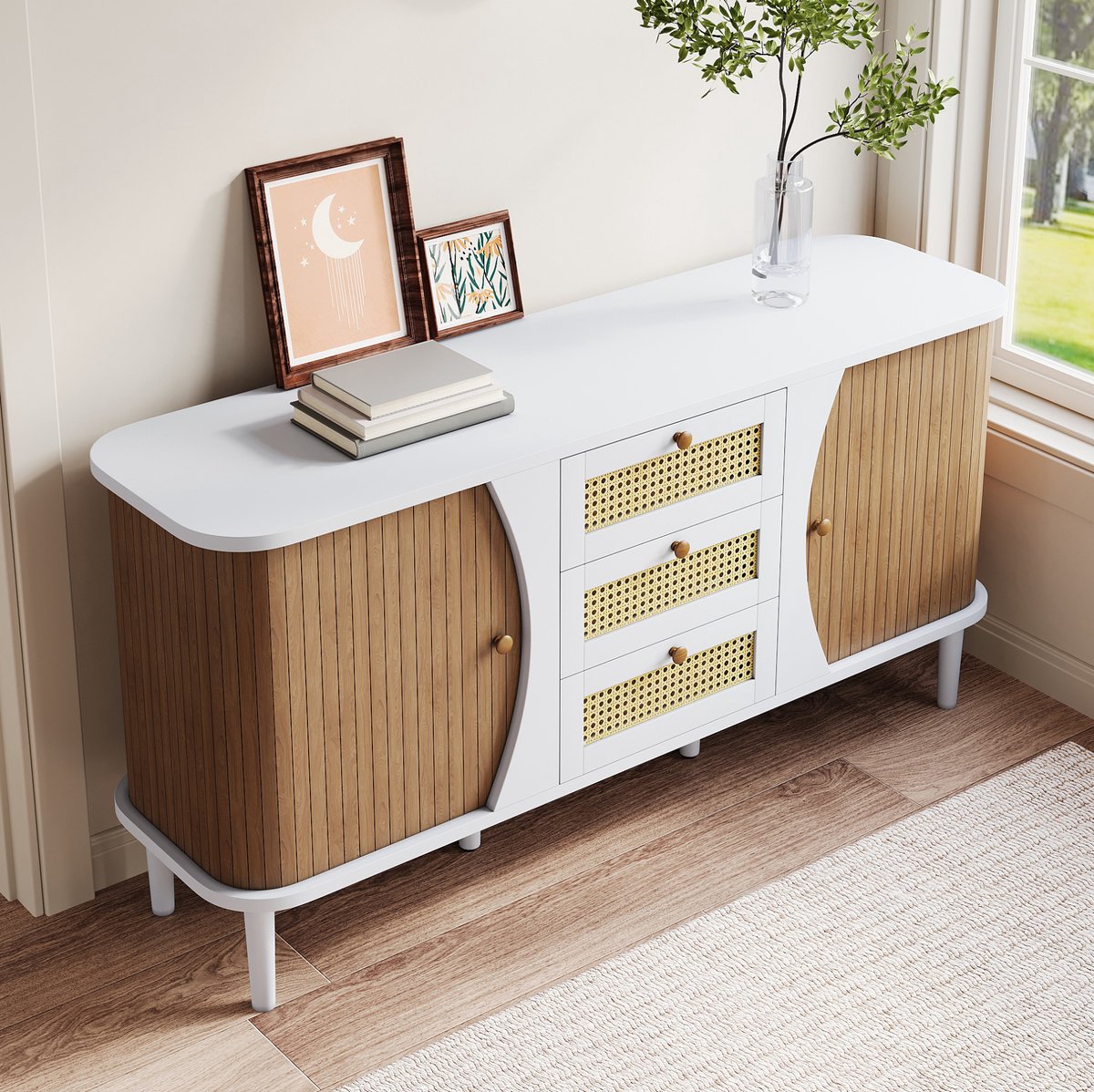 MEUNIQ dressoir 140,5 x 40 x 76 cm met schuifdeuren, 3 laden en verstelbare planken, sideboard voor woonkamer, eetkamer of hal in wit en houtkleur