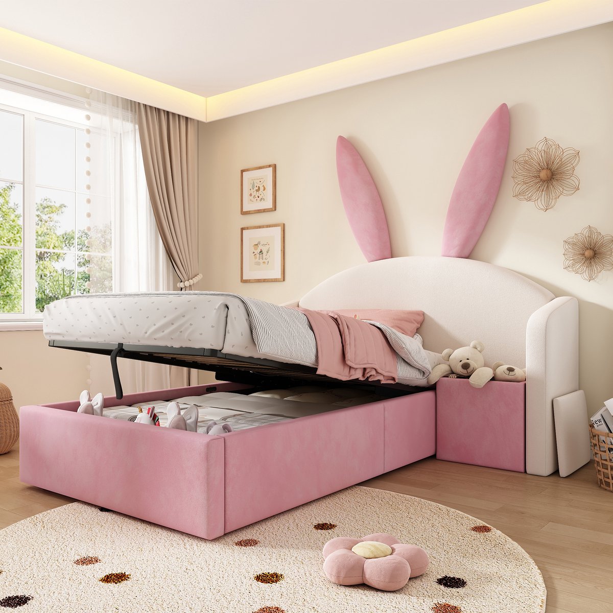 VVBV Kinderbed 90x190 – met Opbergruimte, Lattenbodem, Glijbaan – Hoofdbord – Tienerbed – Fluweel – Beige – Zonder Matras – Voor Kinderen en Tieners Beige,Rose