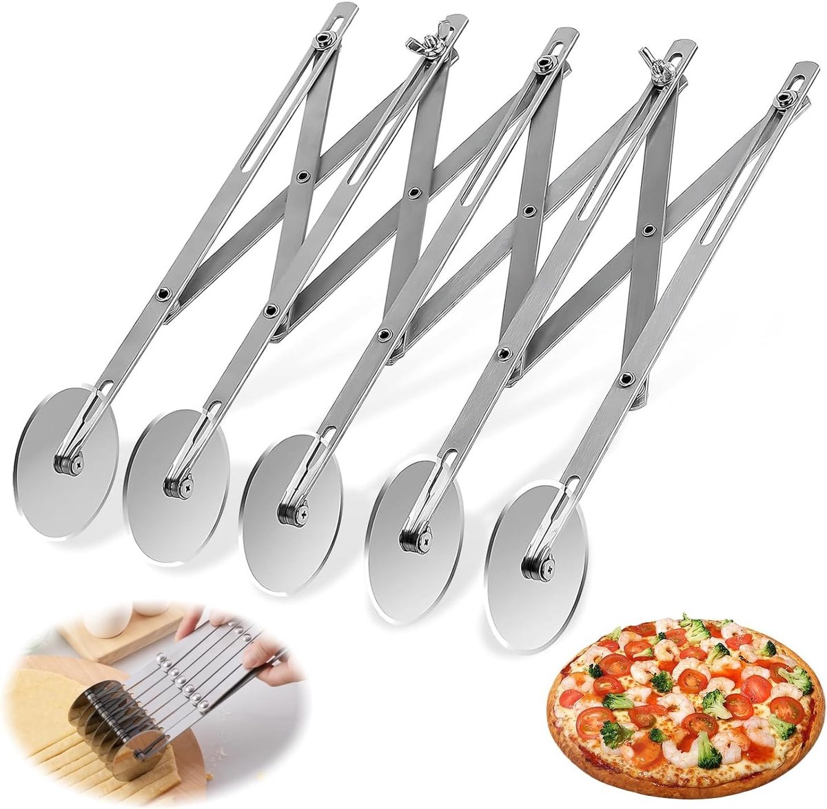 Verstelbare Pizzasnijder - Roestvrij Staal - 5 Snijwielen - Vaatwasmachinebestendig - Voor Koken en Bakken