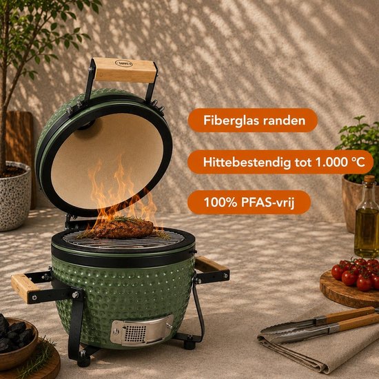 Barero Kamado BBQ - 13 Inch Houtskool Barbecue - Inclusief Onderstel - Egg met Accessoires - Groen - PFAS-vrij — afbeelding 4