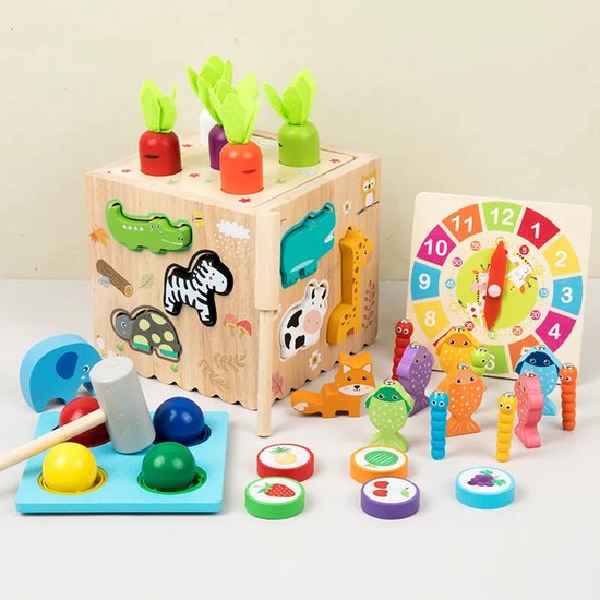 De Kleine Ontdekkerskubus - 8 in 1 Houten Montessori Sorteerspel met Vormen, Dieren, Kleuren en Klok - Intellikids van Intellikids — afbeelding 5