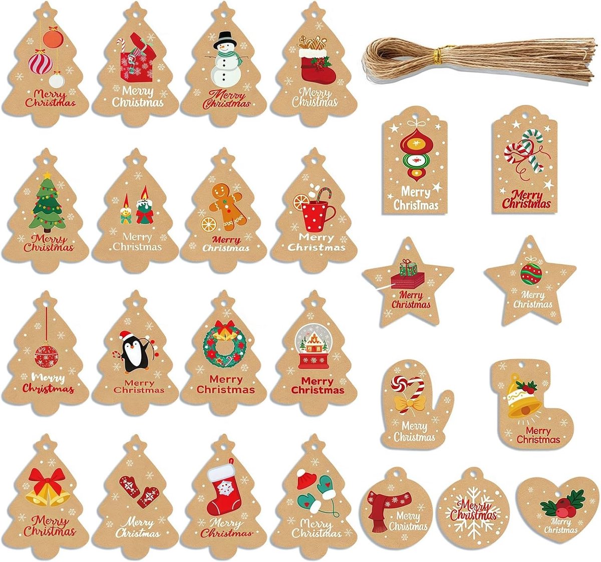 Kerstlabels met Touw, Kraftpapier voor Cadeauverpakking, 25 Ontwerpen voor Geschenken, Cookies en Creatieve Knutselprojecten