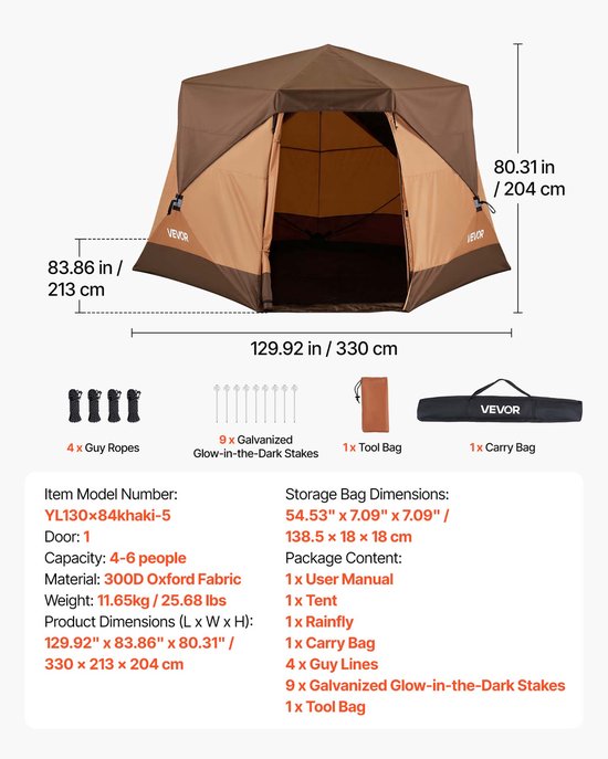 VEVOR Campingtent voor 6 Personen, Pop-Up Tent met Regenhoes en Gaasramen, Snel op Te Zetten in 60 Seconden, Draagbare Tent met Draagtas voor Gezinskamperen en Wandelen, 330x213x204 cm van Vevor — afbeelding 3