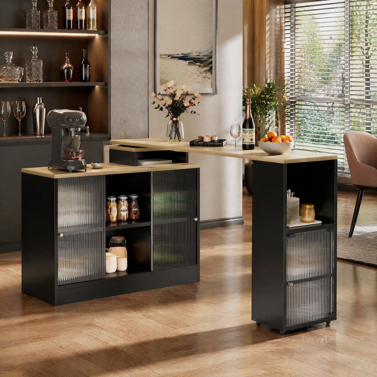 MEUNIQ uitschuifbare bartafel met opbergruimte 155 x 40 x 90 cm, statafel met kast, open vakken, glazen schuifdeuren en 360° wielen voor woonkamer of keuken, zwart