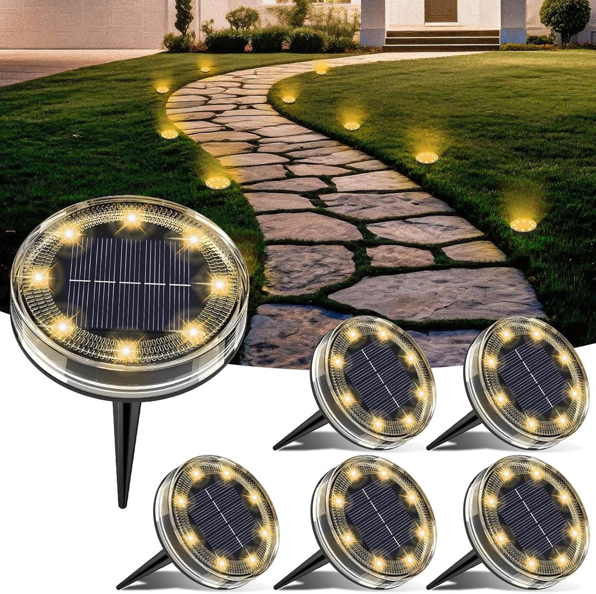 Set van 6 Solar Tuinlampen - Kunststof - 8 Heldere LED's - Waterdicht IP68 - Voor Buitenverlichting