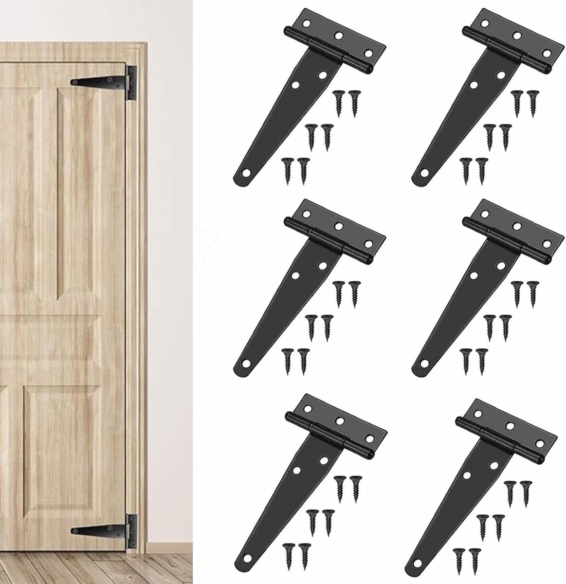 Zwarte T-vormige scharnieren set van 6, inclusief 30 zwarte schroeven, ideaal voor tuin- en schuurdeuren