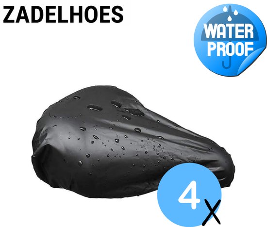 Zwarte, waterdichte fietszadelhoes met waterdruppels en een "WATER PROOF"-sticker.