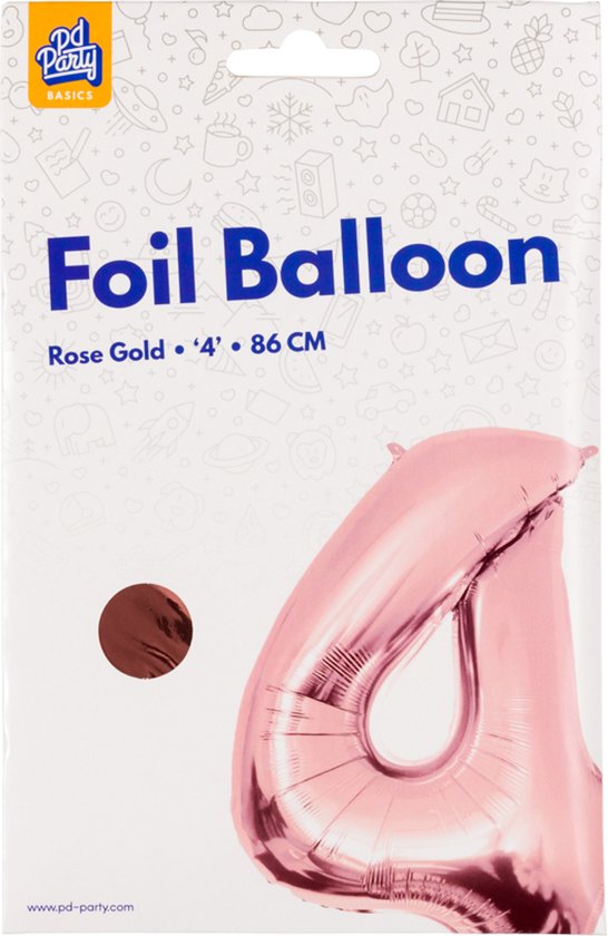 Rose gouden folieballon '4' van 86 cm op verpakking met decoraties.