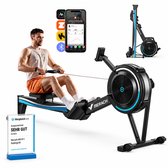 Roeitrainer met blauwe accenten, getraind door een man. Inclusief telefoon met trainingsapp, bluetooth en een "Sehr Gut" award.