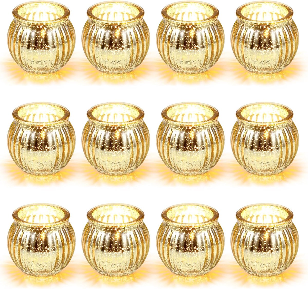 Thijox - 12 stuks glazen theelichtkaarsenhouders, gouden votief kaarsenhouders van hoogwaardig glas voor feest, bruiloft, verjaardagsfeestje en woonde