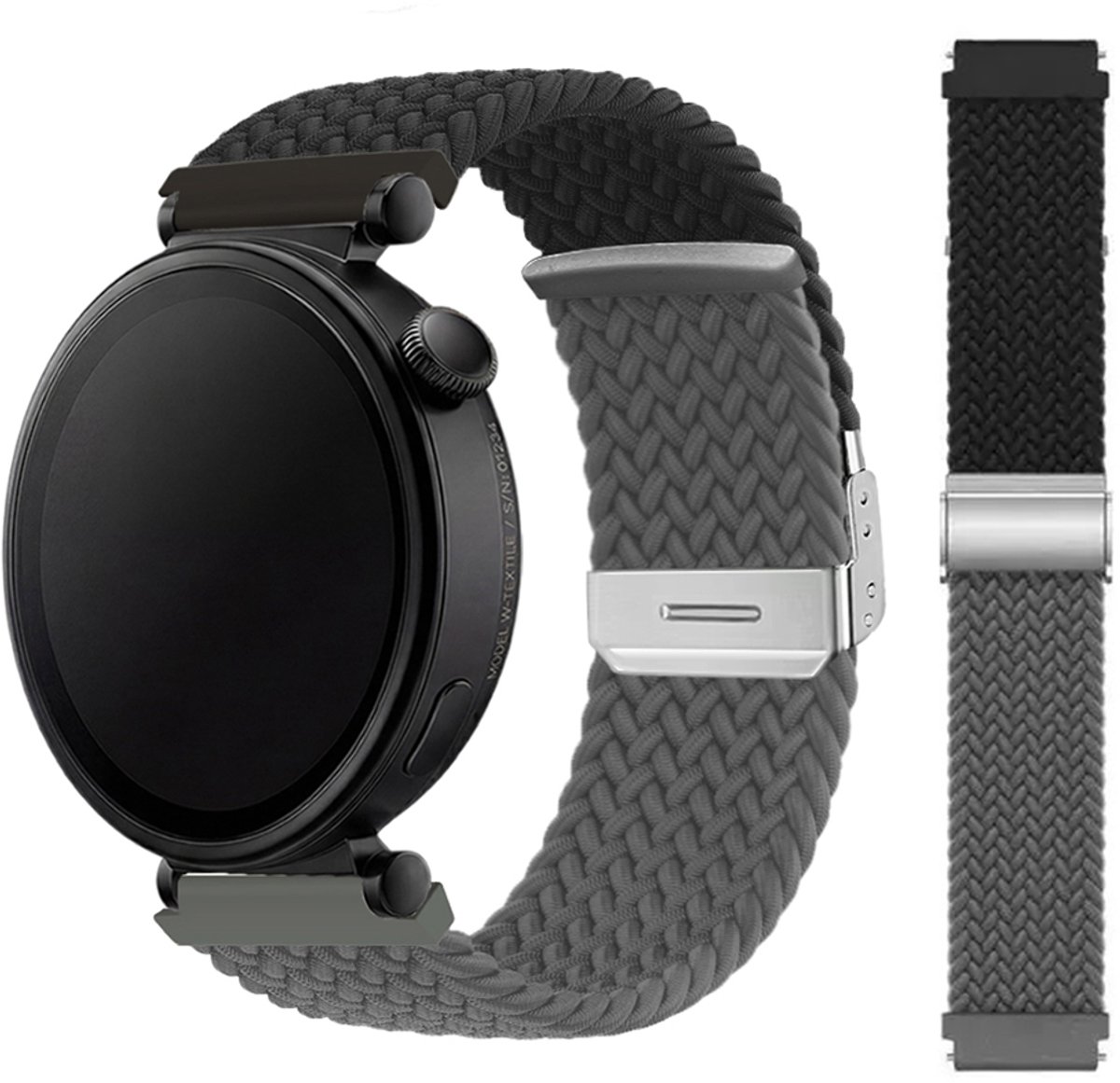 Stravo 18mm Gevlochten Nylon Bandje met Schuifsluiting – Geschikt voor Garmin Vivoactive 4S / Venu 2S / Venu 3S / Venu 4 (41mm) / Forerunner 255S / 265S – Compatibel met Huawei Watch GT 5 (42mm) / GT 5 Pro (42mm) / GT 6 (41mm) – Zwart / Grijs