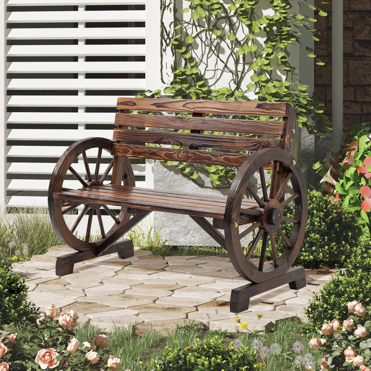 FloraGrace Tuinbank 105,5 x 56 x 79 cm - 2-Zits Met Wagenrad-Armleuningen - Landelijke Stijl Voor Tuin En Terras - Massief Grenen - Bruin