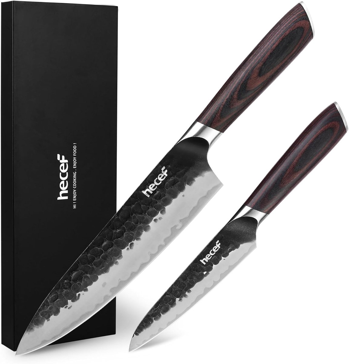 SnelShoppen - Japanse Keukenmessenset 2-delig, Koksmes 20 cm en Universeel Mes 12,7 cm, Gehamerd 3-laags Lemmet, Hoog Koolstofgehalte, Pakkawood Handv