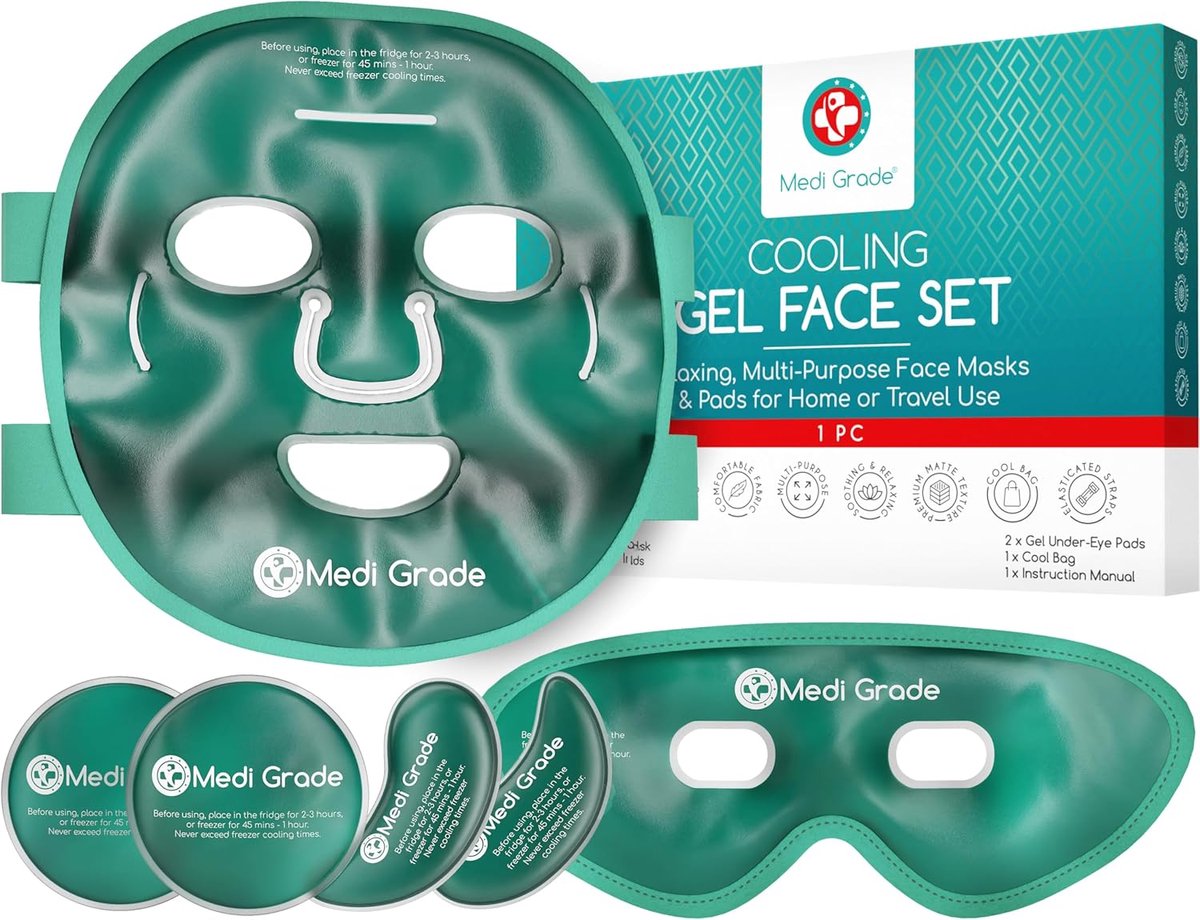 SnelShoppen - Verkoelende Gel Gezicht Masker en Koud Oogmasker Set - Medi Grade Gel Technologie voor Gezicht, Ogen en Onder Ogen - Inclusief Koeltas v