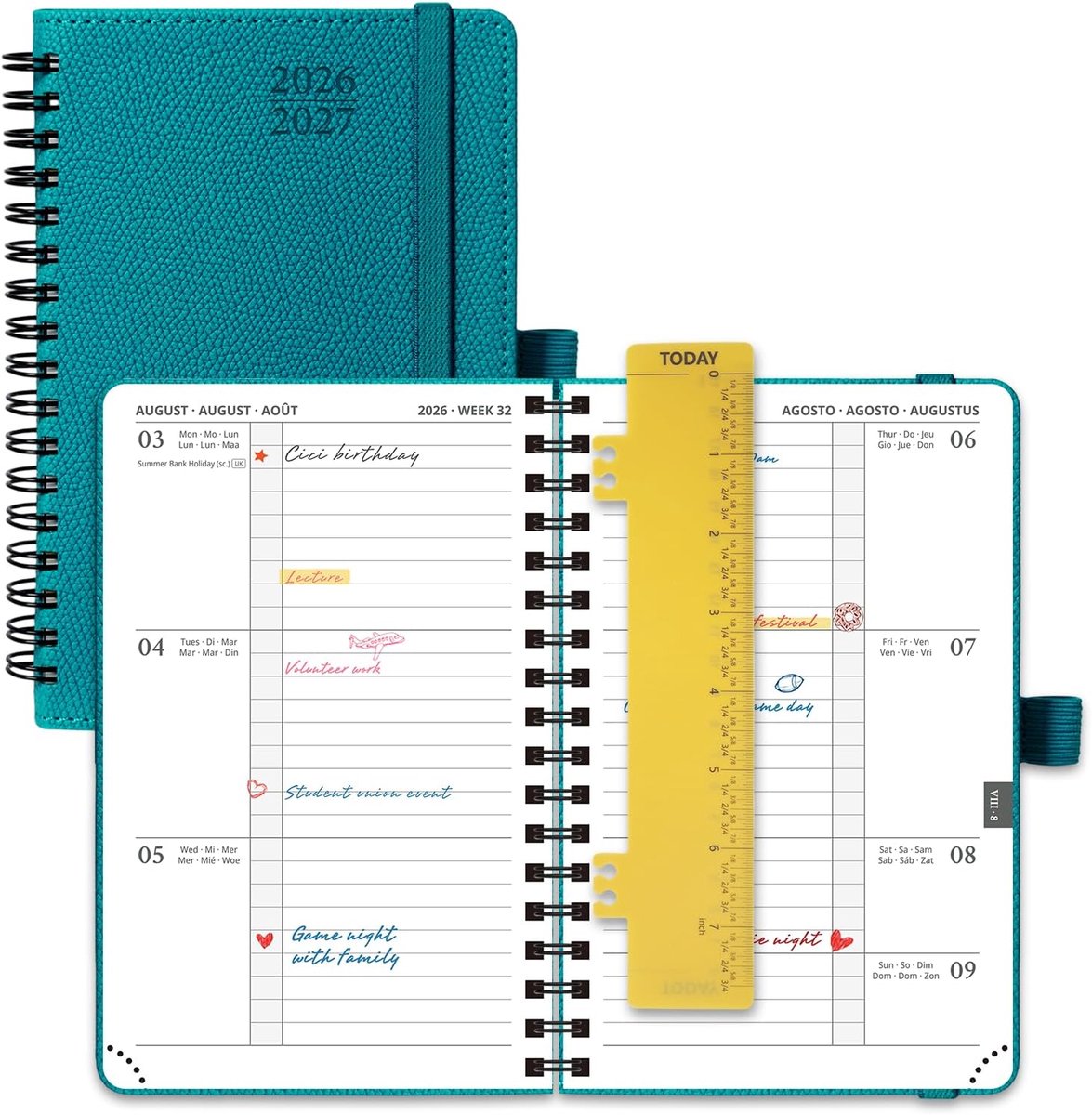 SnelShoppen - Agenda Pocket 2026 2027 Weekplanner 16 x 10,5 cm - A6 Kleine 17 Maanden - Zachte Spiral Binding - Pacificgroen - 80 GSM Papier - Ideaal