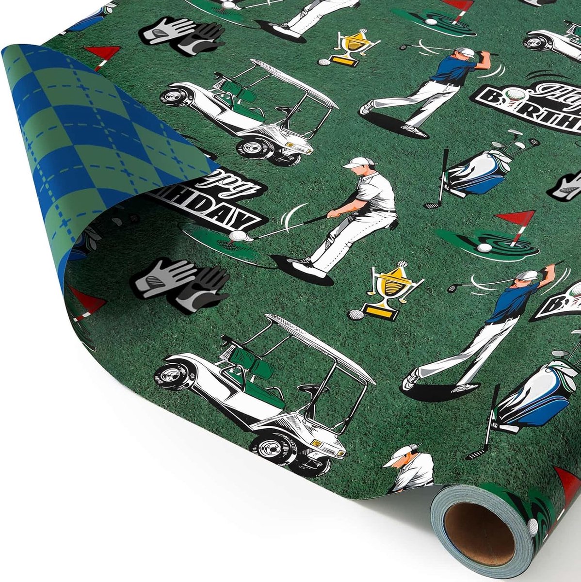 SnelShoppen - Golf Cadeaupapier Rol 43cm x 10m Vintage Design Groen | Premium Robuust Papier voor Vaderdag, Verjaardagen, Pensioen & Doe-Het-Zelf Deco