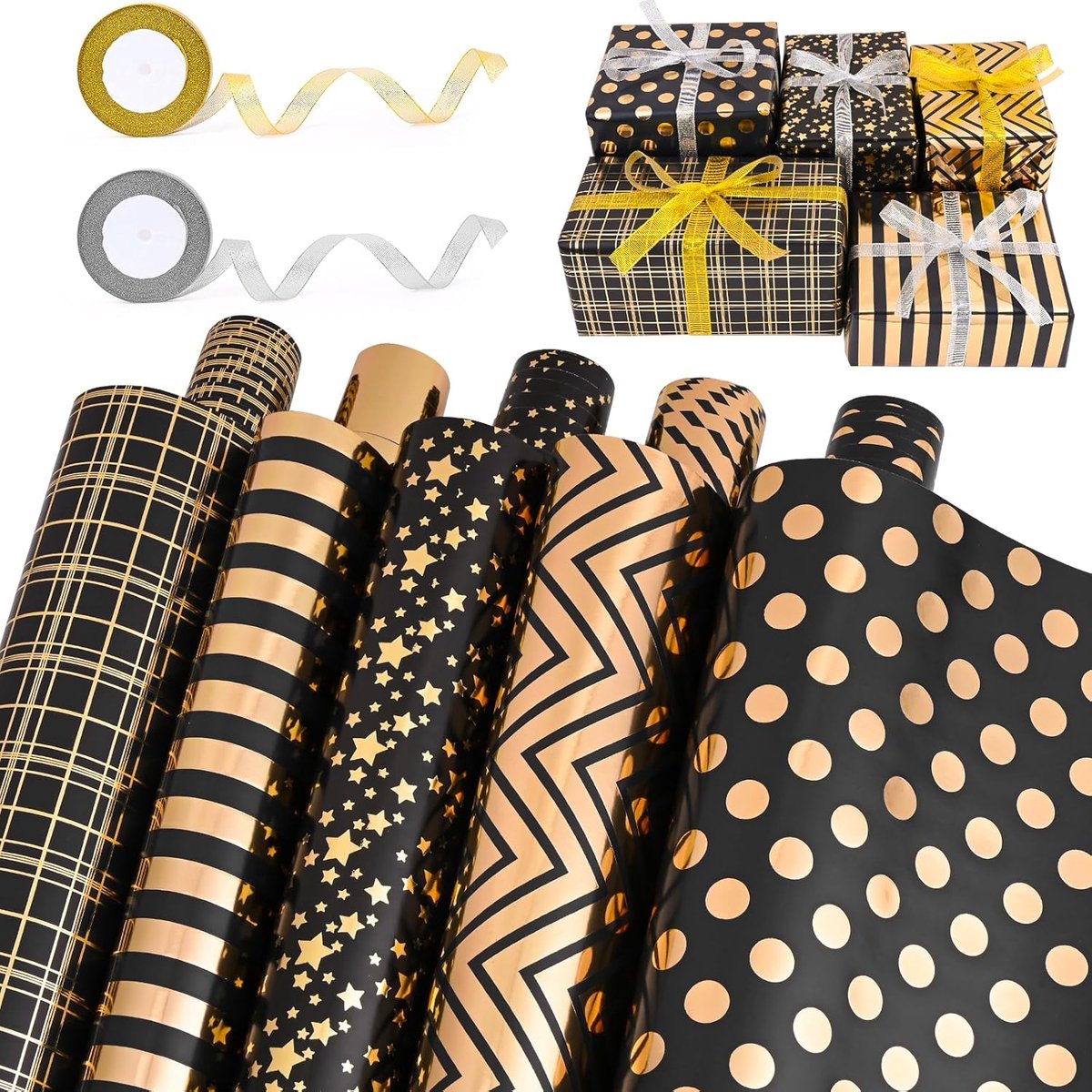 SnelShoppen - Cadeaupapier Puur Zwart Goud 5 Rollen met Lint en Gouden Plakband - Luxe Verpakking voor Feesten, Bruiloften, Kinderverjaardagen en Fest