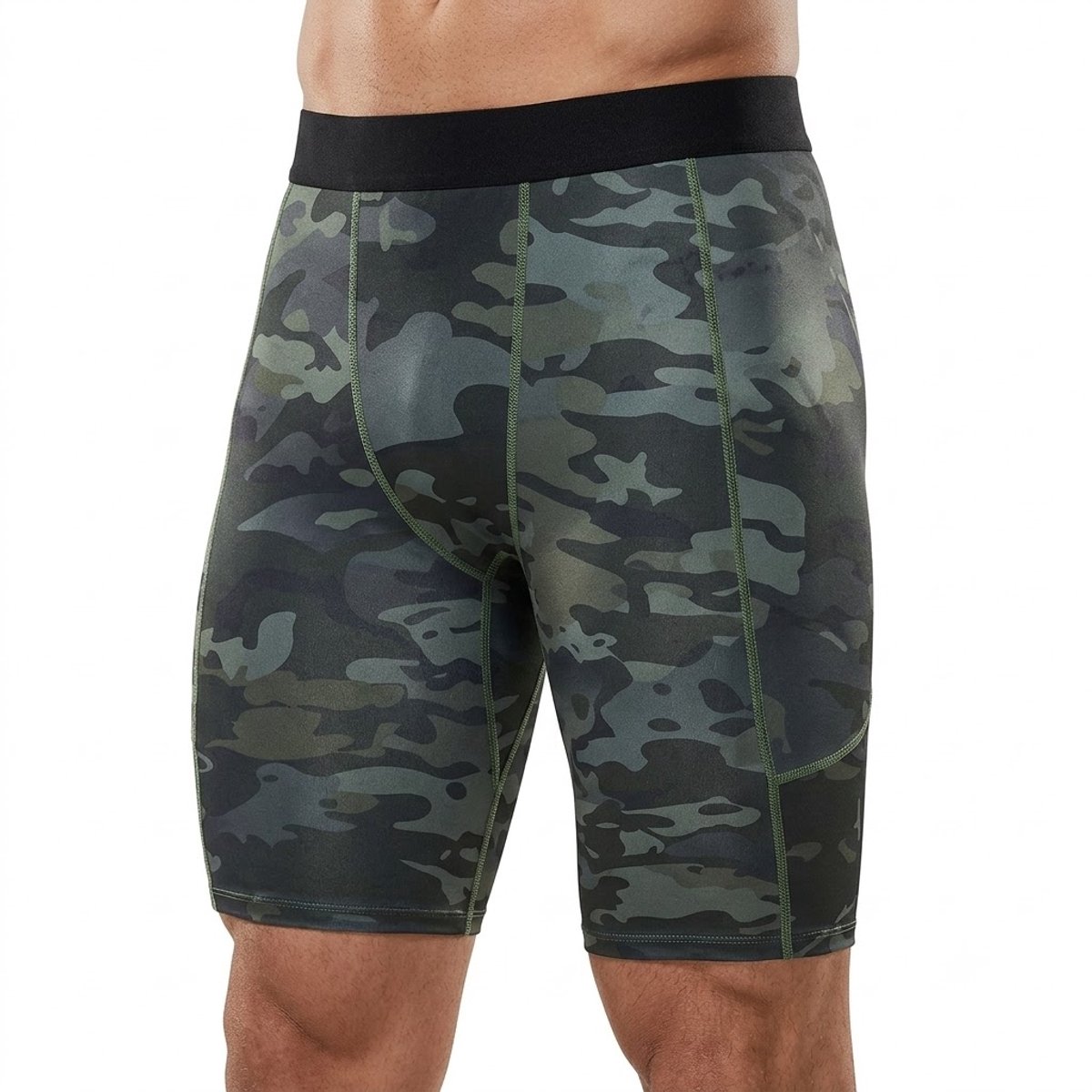 Legergroene camouflage sportonderbroek heren compressie short hardloop broek fitness broek basketbal training tights met telefoon zak elastisch sneldrogend camouflage patroon maat XL