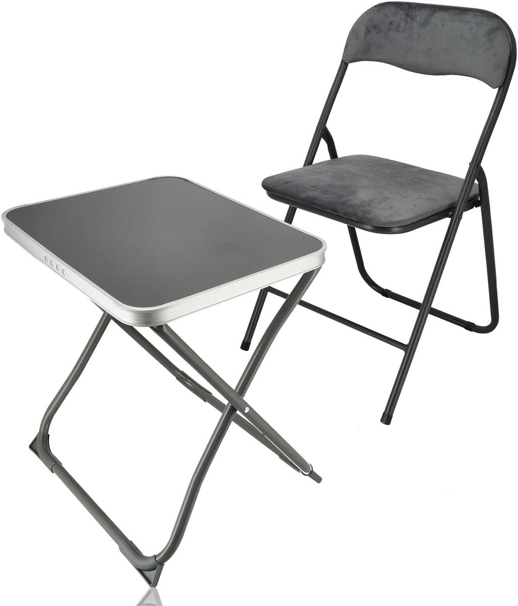 SnelShoppen - Camping Tafel en Stoel Set Grijs - 2-in-1 Inklapbare Tafel met Fluwelen Klapstoel voor 1 Persoon - Compacte Vouwtafel voor Balkon, Carav