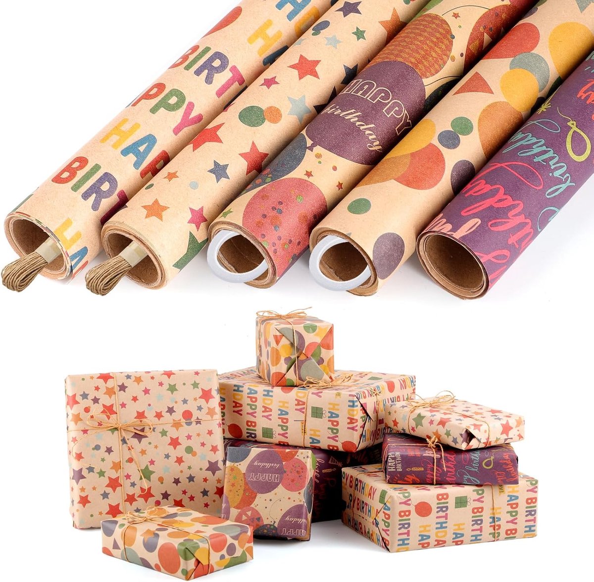 SnelShoppen - 5 Rollen Verjaardag Inpakpapier 43cm x 3m - Kraftpapier Cadeaupapier voor Babyborrel en Verjaardagsfeestje - Feestdecoratie Accessoires