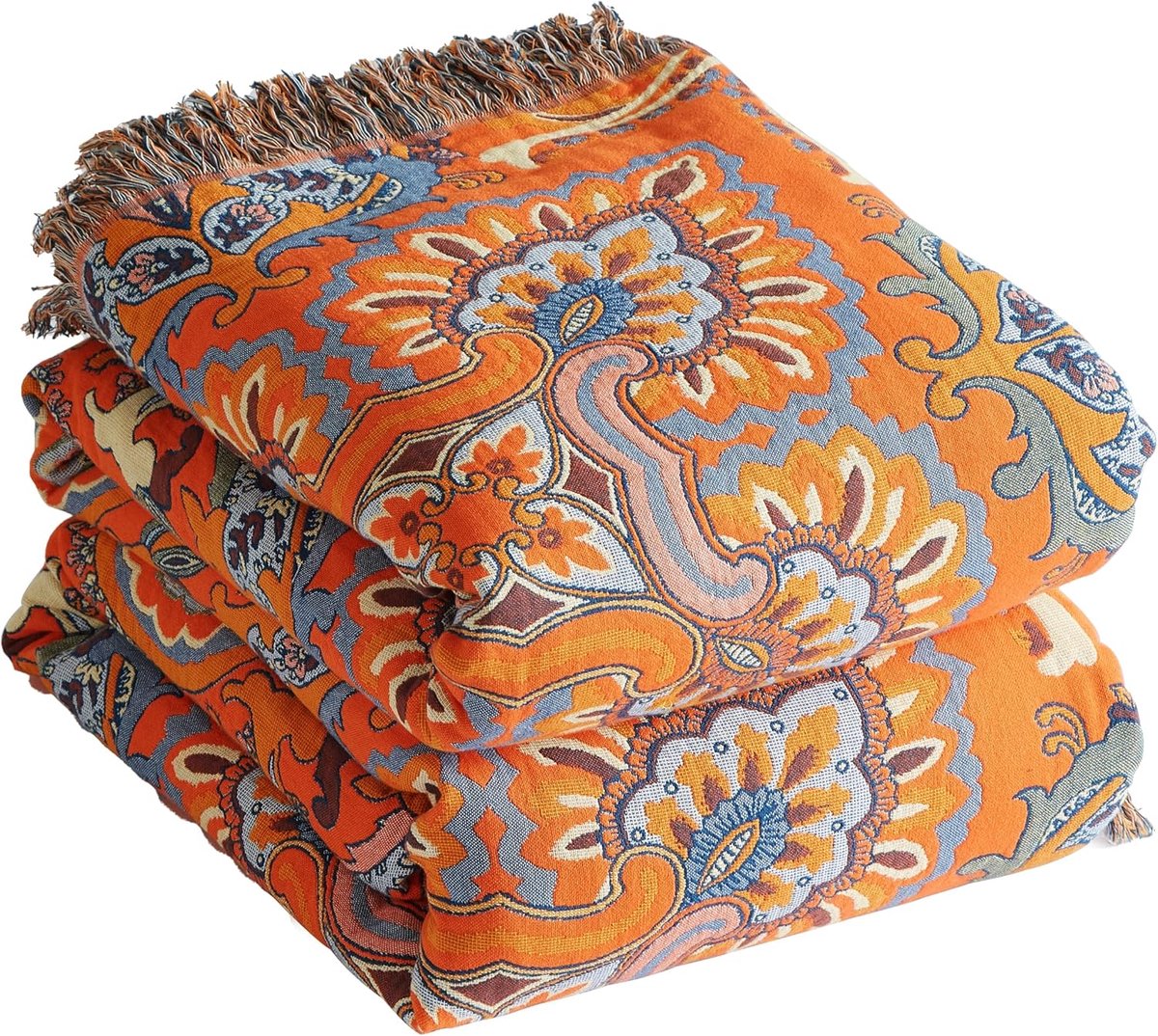 SnelShoppen - Boho Deken 200x230 cm, 100% Katoen Dubbelzijdige Mousseline, Patchwork Sprei in Oranje/Groen, Knuffelige Bankdeken voor Woonkamer en Sla