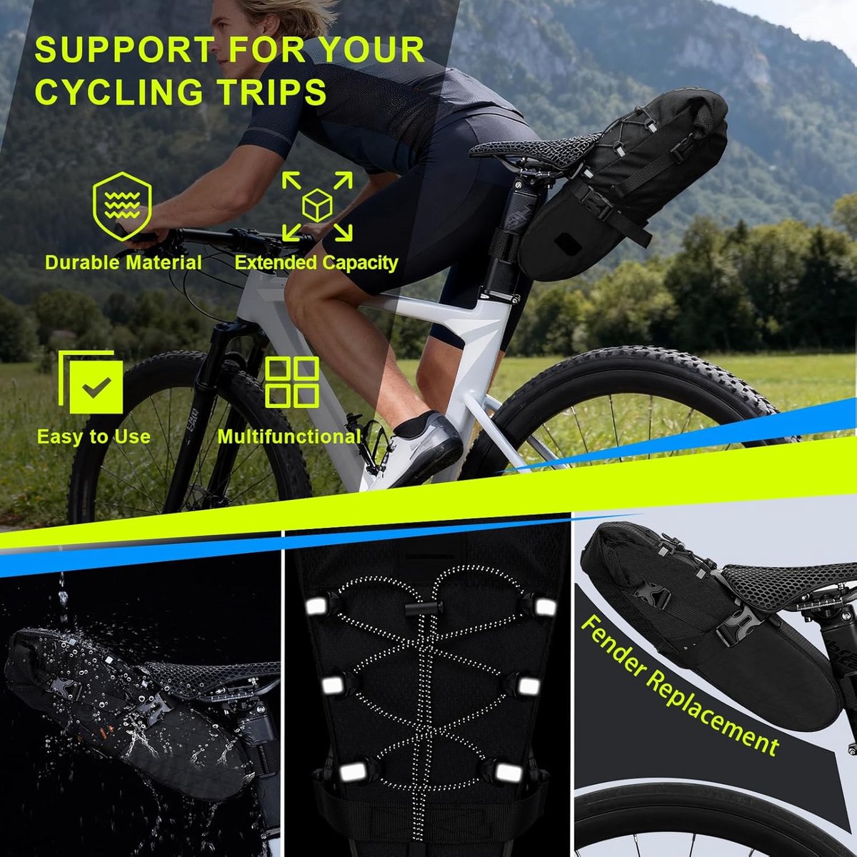SnelShoppen - Zadeltas voor Fiets, Racefiets, MTB, BMX - 8,8L Opbergtas Achter met Riemen, Reflecterend, Compact en Praktisch voor Reizen en Fietstoch