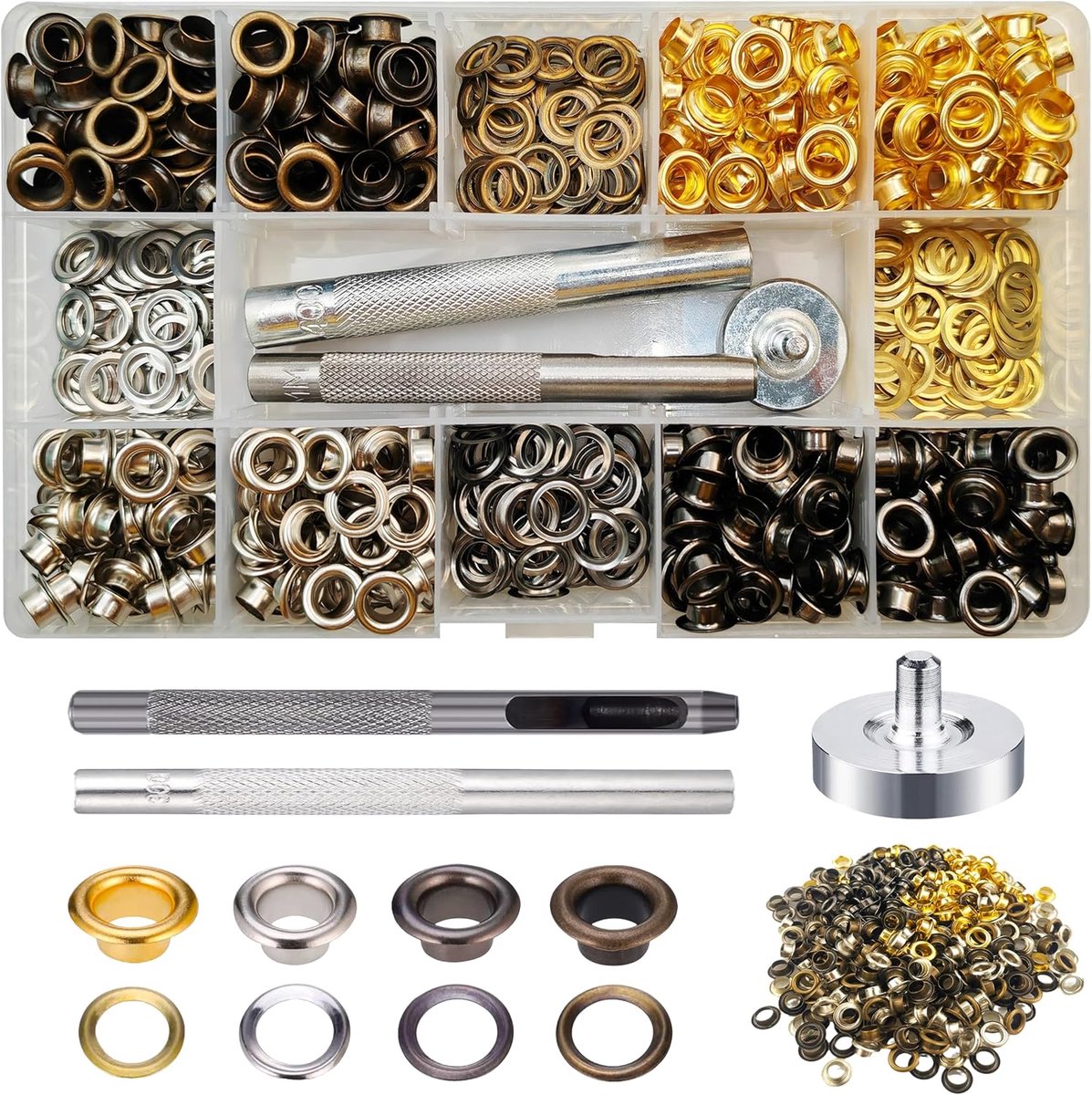 SnelShoppen - 520 Sets Oogjes Met Instellingstools - 6 mm Messing Metalen Oogjes Kit - 4 Kleuren - Voor Canvas, Dekzeil, Leer, Tent, Luifel, DIY Knuts