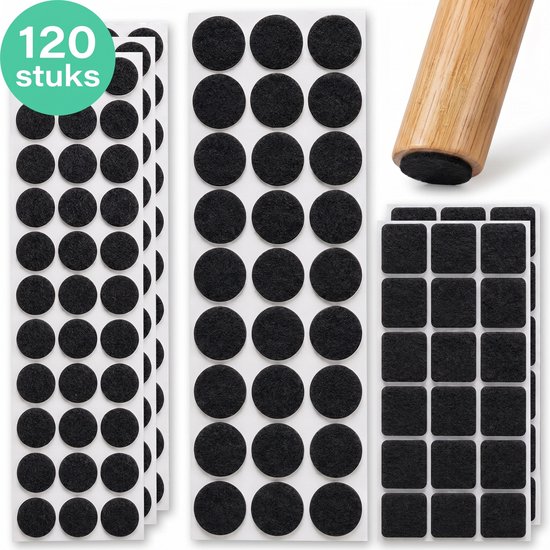 Deux paquets de feutres noirs ronds, un paquet de feutres carrés et un pied de meuble en bois avec un feutre appliqué. '120 pièces.'