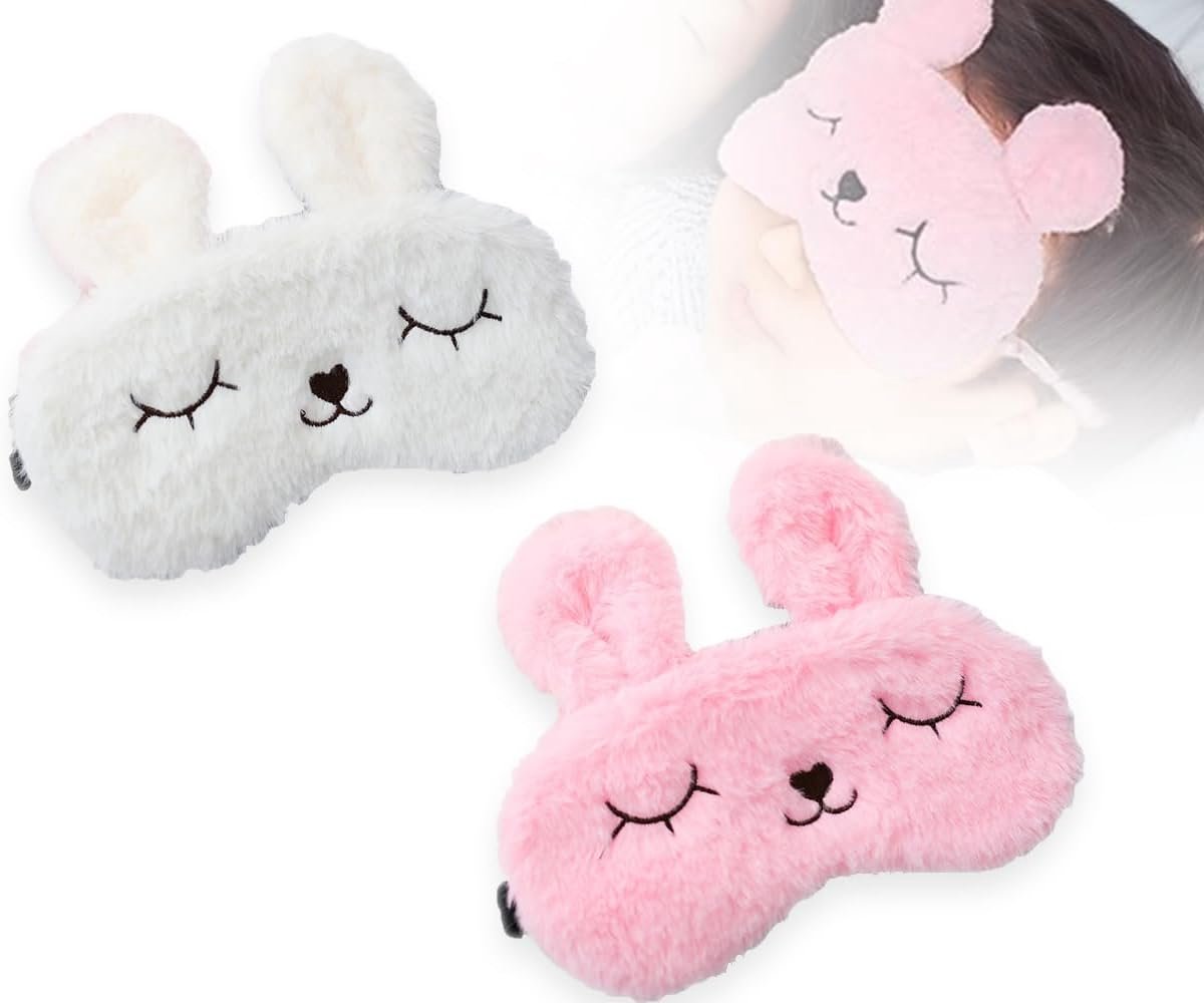 SnelShoppen - 2 Stuks Oogmasker Slaapmasker Blinddoek voor Kinderen en Meisjes - 3D Schattige Dieren in Wit en Roze - Ademend en Comfortabel voor Thui
