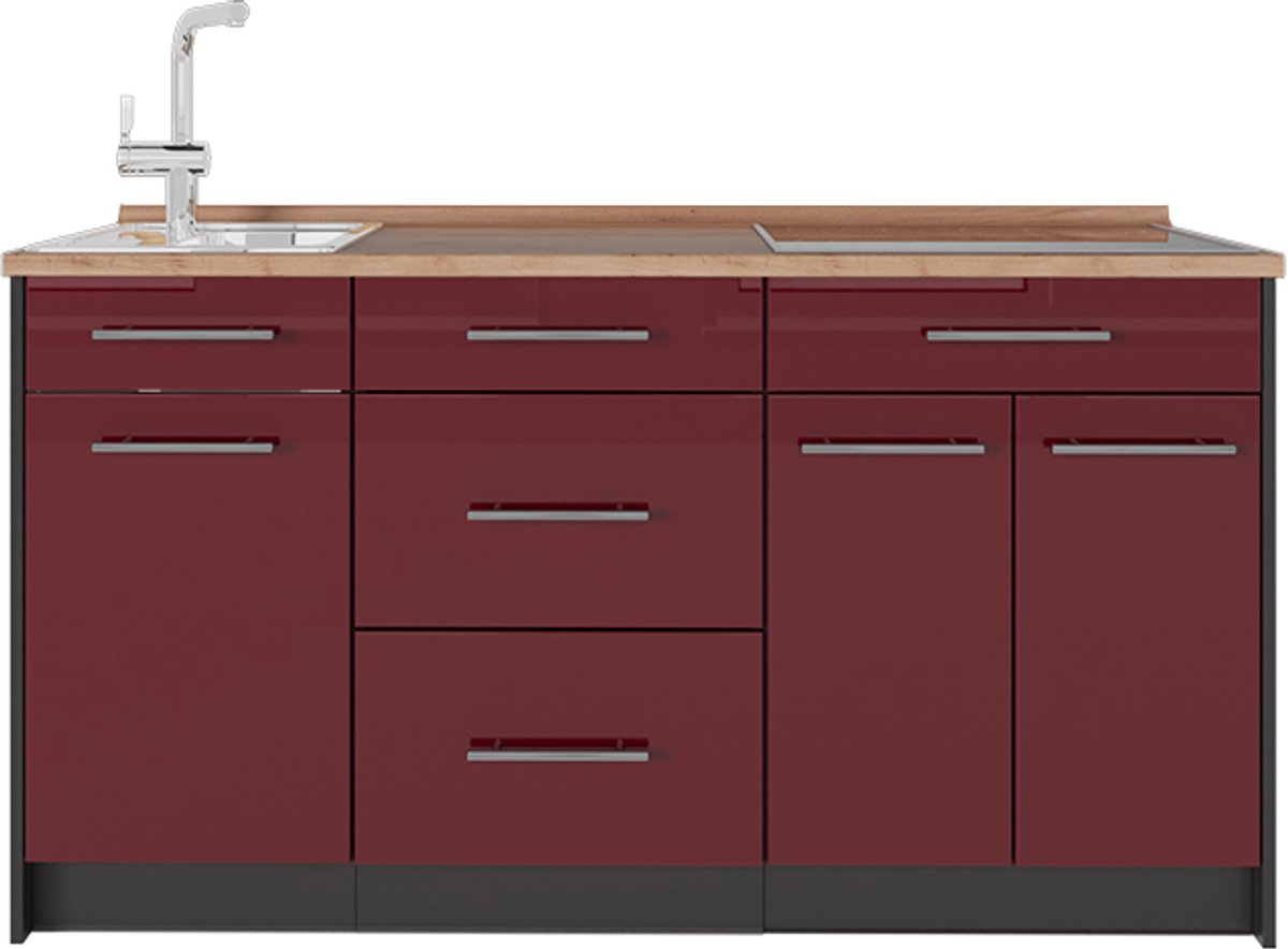 Vicco Keukenblok Fame-Line, Bordeauxrode hoogglans, 150 cm, WB Eik