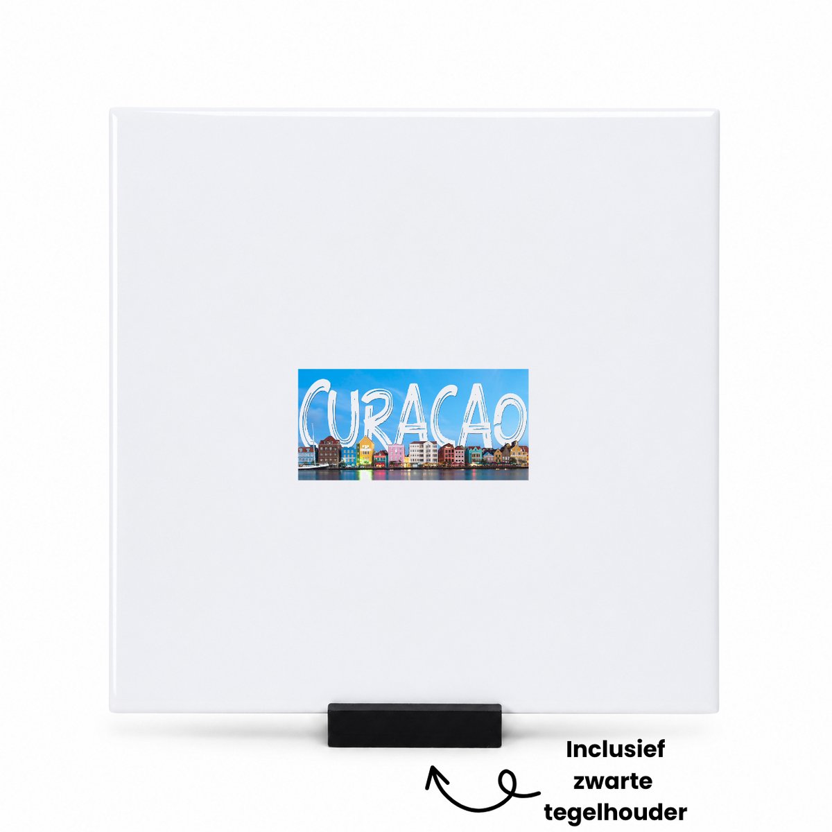 Hacebo Curacao tegeltje met tegelhouder - Wereld - Vakantieliefhebber - tegeltjes met tekst - Antillen - handelskade - spreuktegels - 15x15 CM Wit