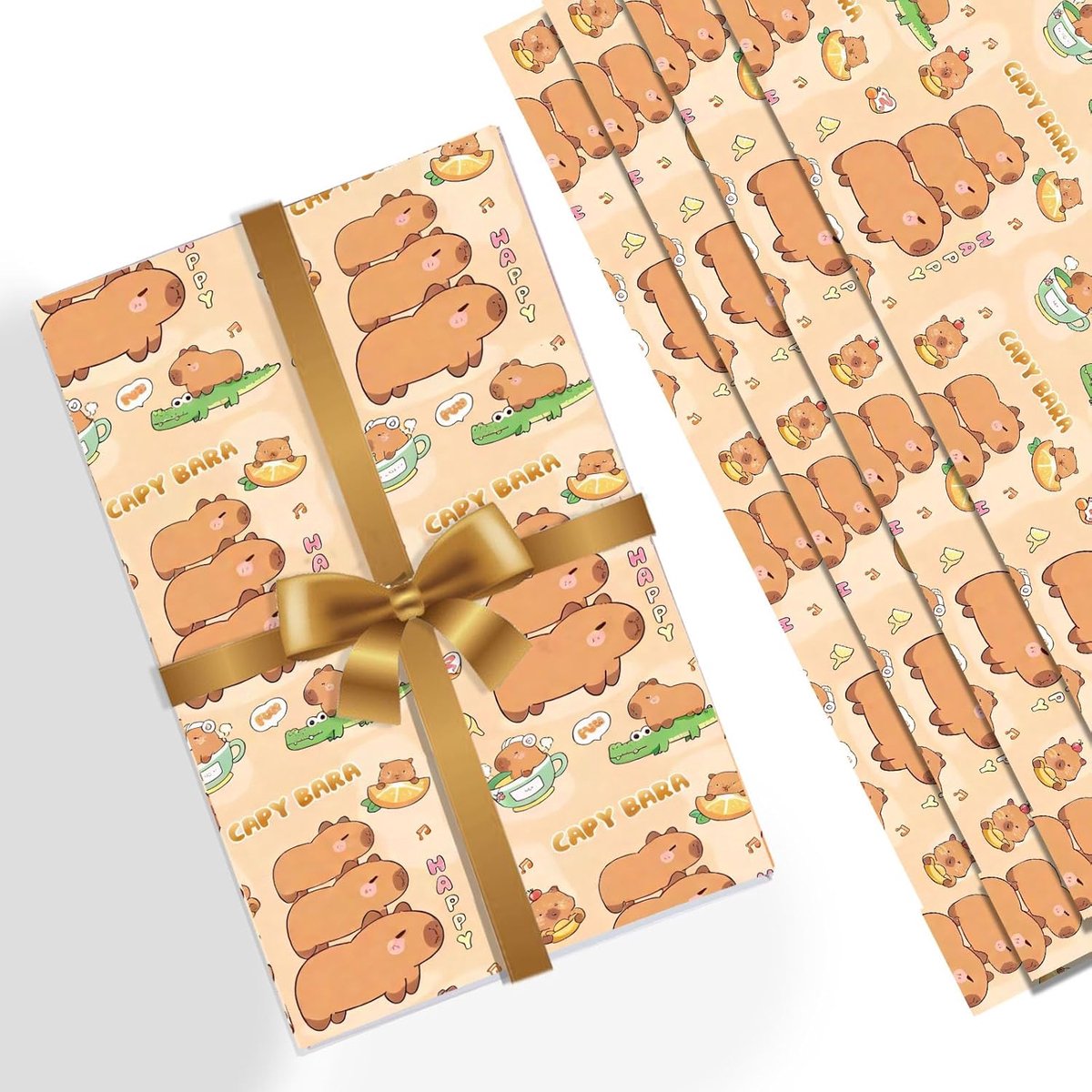 SnelShoppen - Capybara Verjaardags Inpakpapier Set, 4 Vel, 74x53 CM, Leuk Capybara Cadeaupapier voor Verjaardagen, Kinderen, Meisjes, Jongens, Feesten