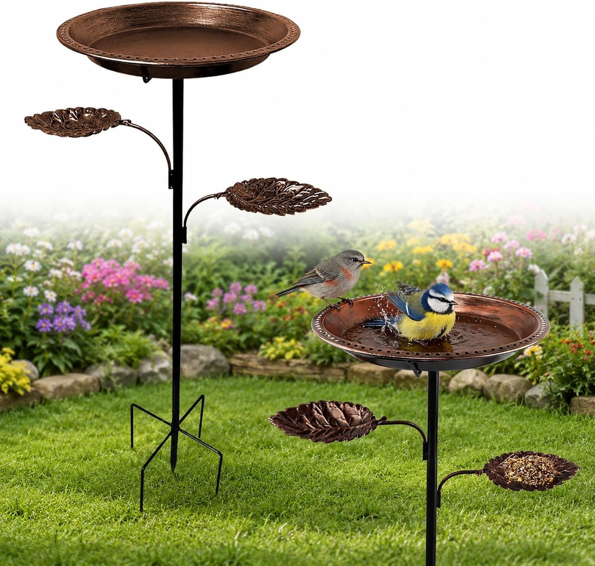 SnelShoppen - Metal Bird Bath Standing, 2-in-1 Vogelbad & Voederbak, Vintage Tuin Vogelbad, Freestanding Bird Bath, Tuinsteker, Koper