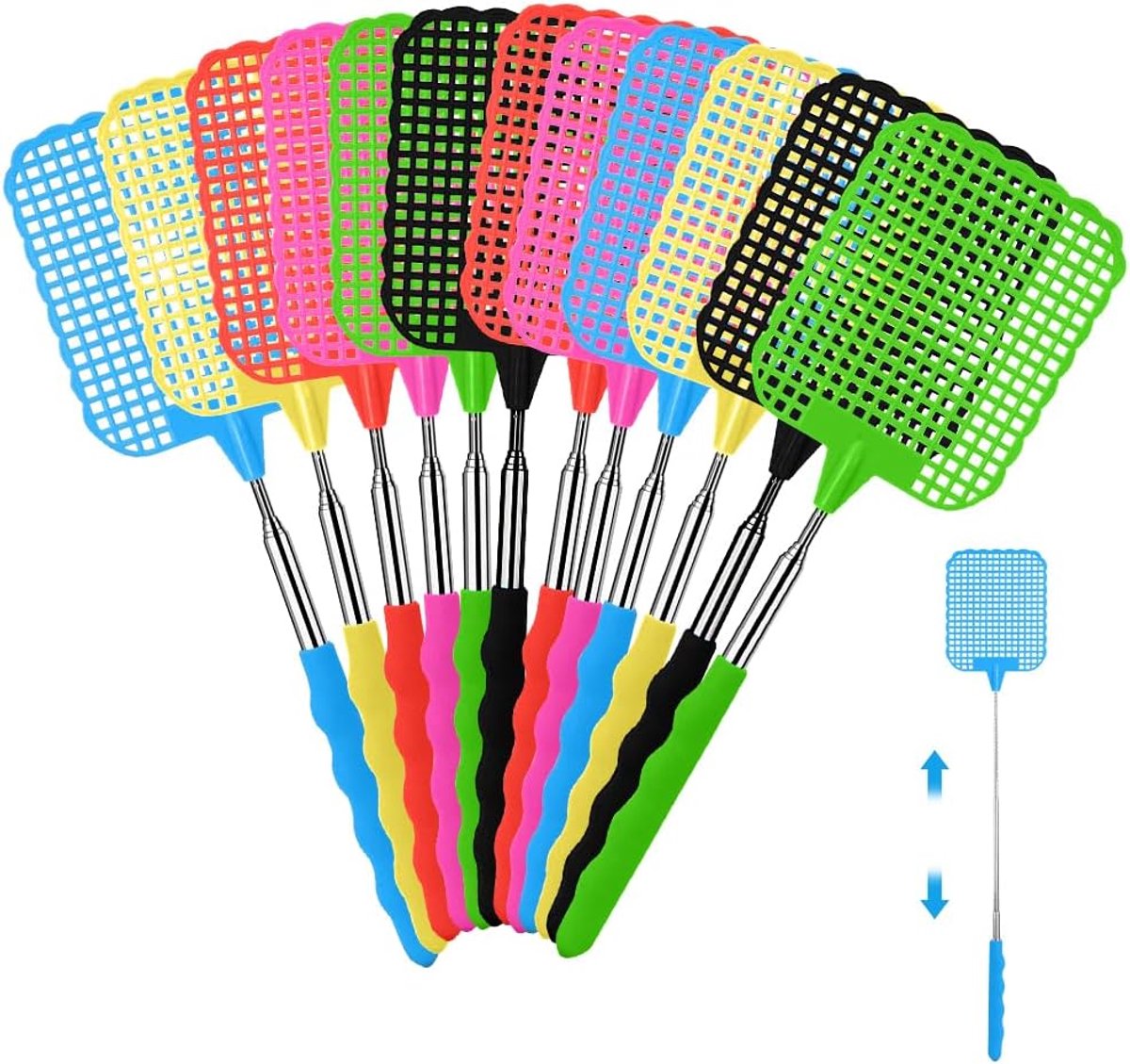SnelShoppen - Uitschuifbare Vliegenmepper - Telescoop Vliegenmepper - 12 Stuks in Willekeurige Kleuren - 27 cm tot 73 cm - Ideaal voor Vliegen, Wasp,