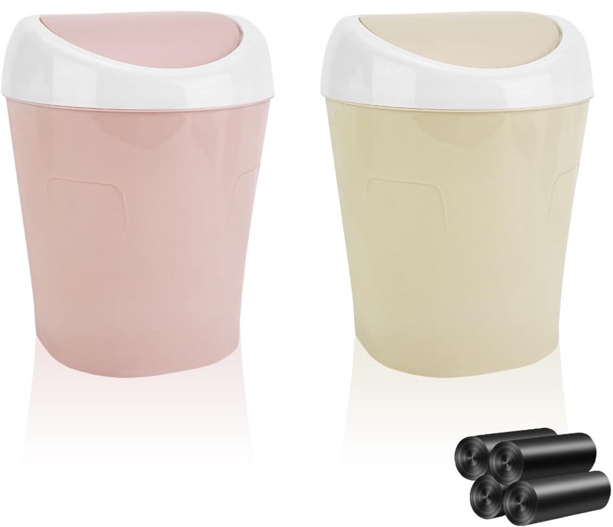SnelShoppen - Pack van 2 Kleine Prullenbakken met Deksel, Mini Tafelafvalbak met Swingdeksel en 4 Rollen Vuilniszakken, Kleurrijke Mini Prullenbak, Ta
