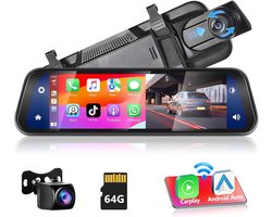 SnelShoppen - Podofo Mirror Dashcam met Draadloze Carplay, Android Auto, HD Achtercamera, 9.66 inch IPS Touchscreen, Dual 1080P, Bluetooth, Voor Auto'