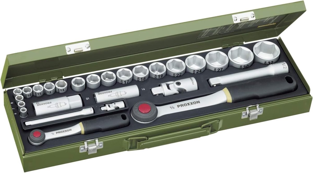 SnelShoppen - Professionele 27-delige Steeksleutelset met 1/2 en 1/4 Inch, Krachtige Ratchet, Hoogwaardige 31 CrV 3 Staal, Dubbel Vernikkeld, Ideaal v