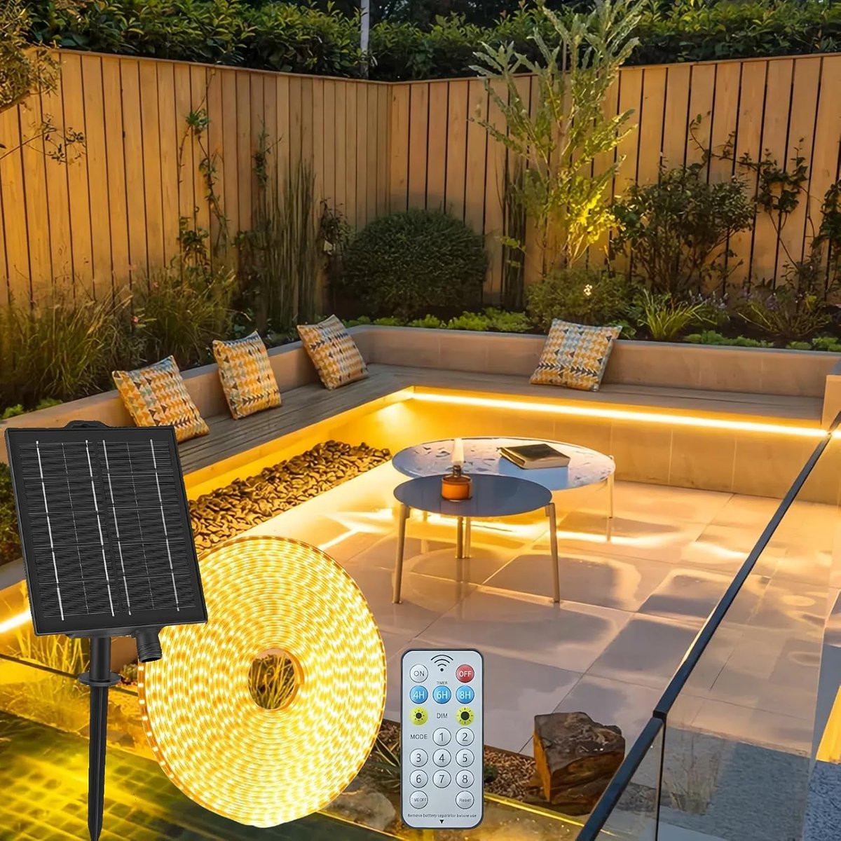 SnelShoppen - 10m Solar LED Strip Buiten - Flexibele LED Strip met Afstandsbediening, Dimbaar, 8 Niveaus, Timer, IP68 Waterdicht, 640 Leds Warm Wit vo