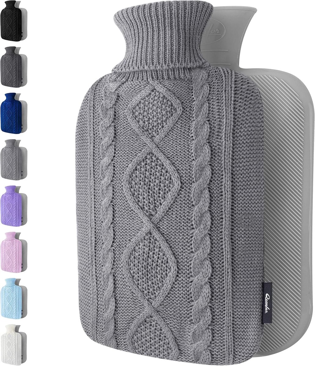 SnelShoppen - Hot Water Bottle 2L - Grijze Warmwaterkruik met Zacht Gebreid Cover - Ideaal voor Menstruatiekrampen, Spierpijn, en Warm/Koud Compress
