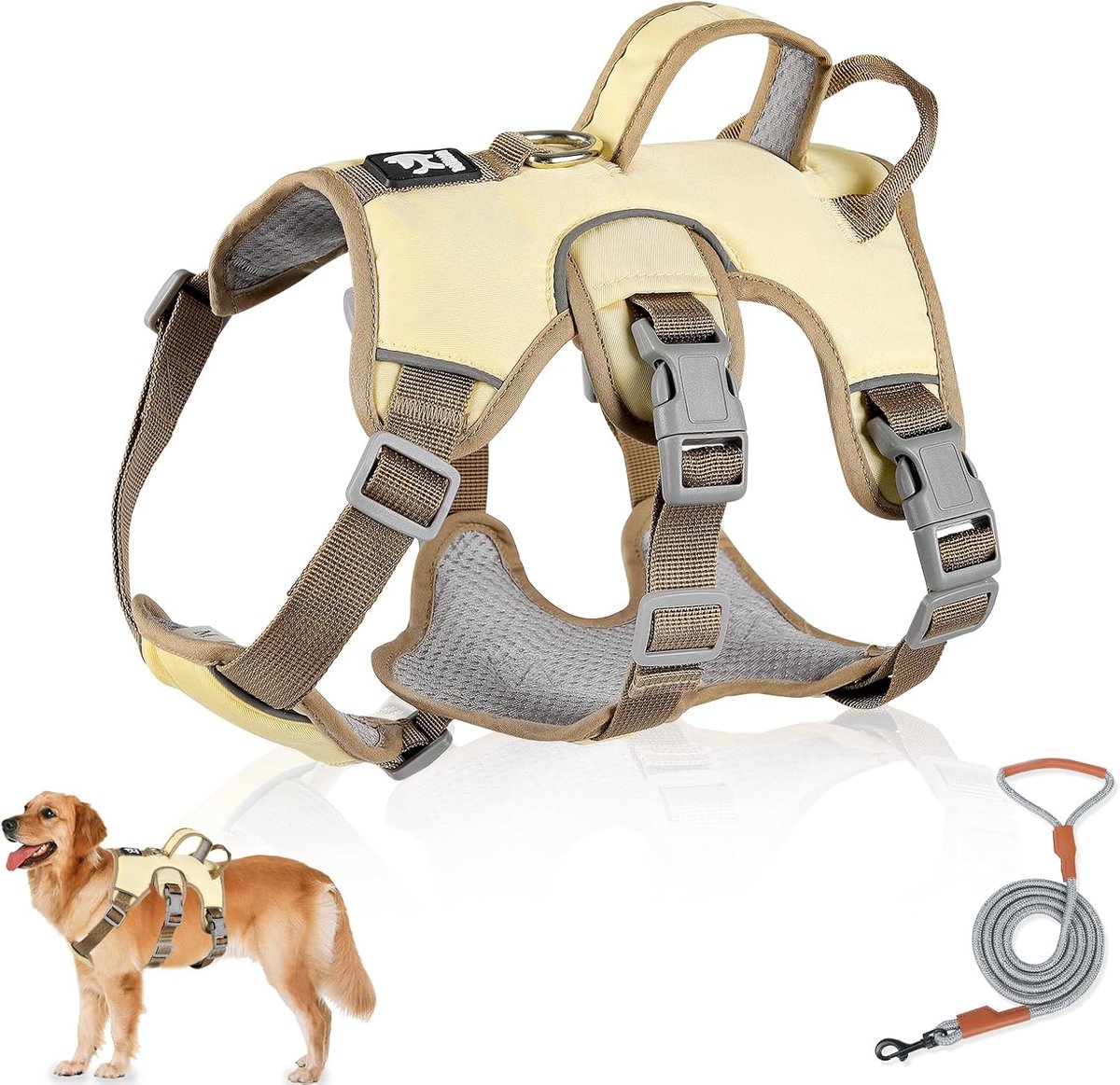 SnelShoppen - Multifunctionele Hondenharnas met Leash Set, Ontsnapbestendig No Pull Hondenharnas voor Kleine en Middelgrote Honden (Beige, M)