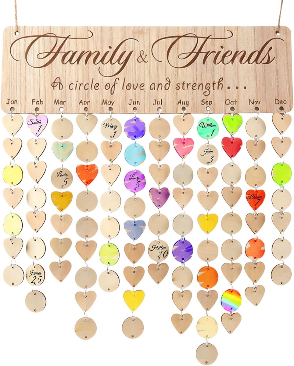SnelShoppen - Family Birthday Sign Houten Wandkalender met 100 Houten Labels, Verjaardagskalender voor Gezin, Perfect Cadeau voor Kerst of Verjaardag